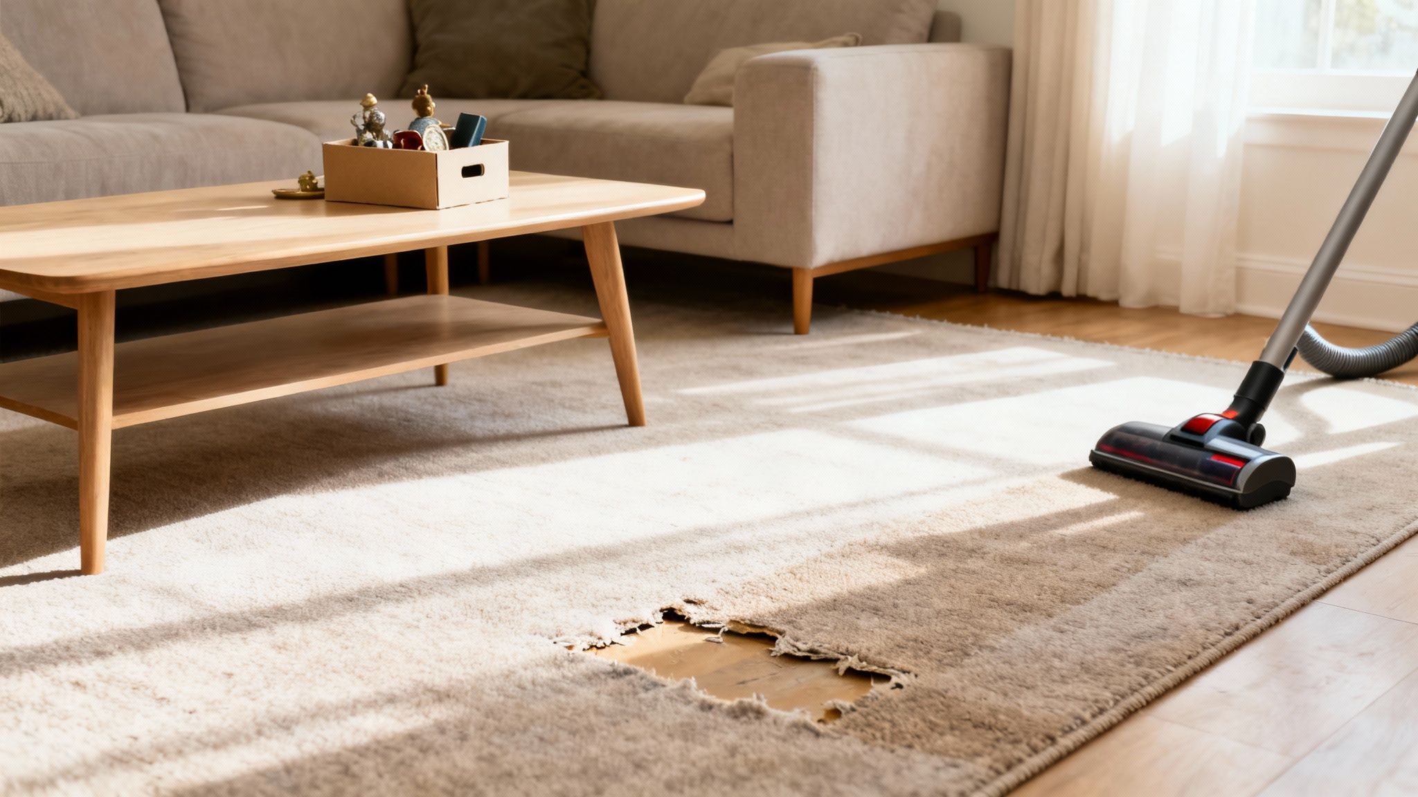 A vacuum cleaner cleans a damaged rug in a sunlit living room with a coffee table.