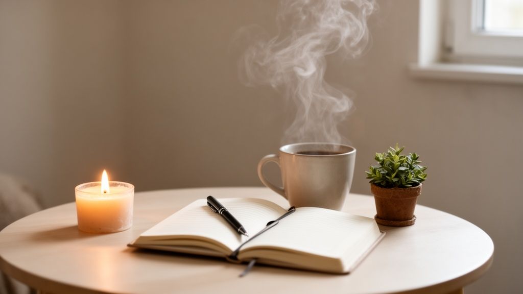 A cozy scene with a lit candle, steaming coffee, an open journal with a pen, and a small plant on a table.