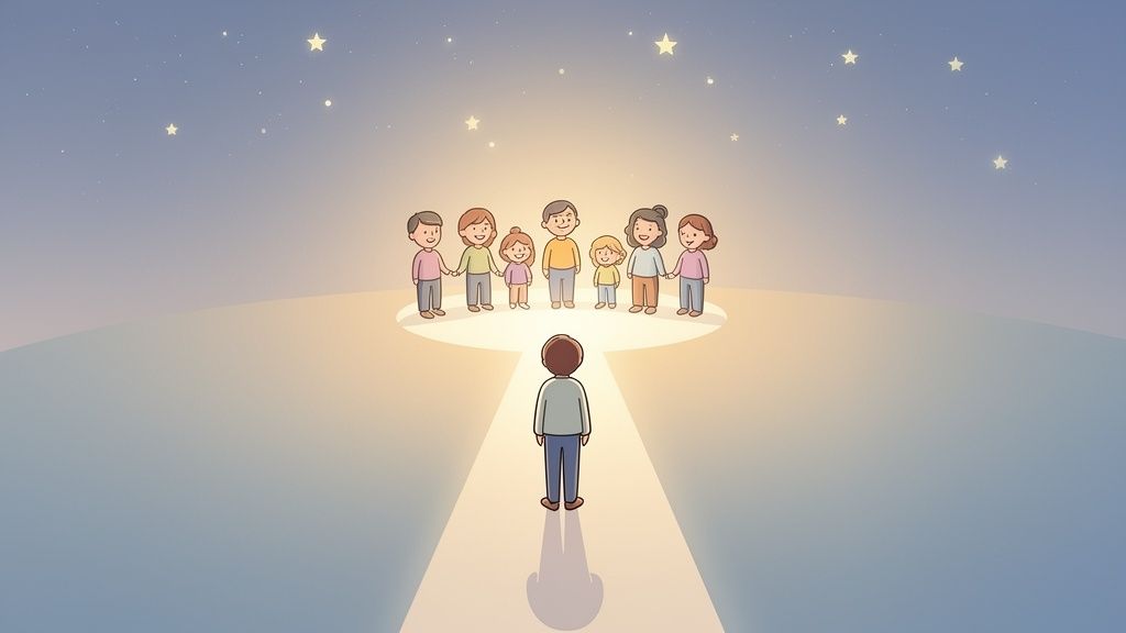 A person walks towards a welcoming group of people holding hands under a starry sky.