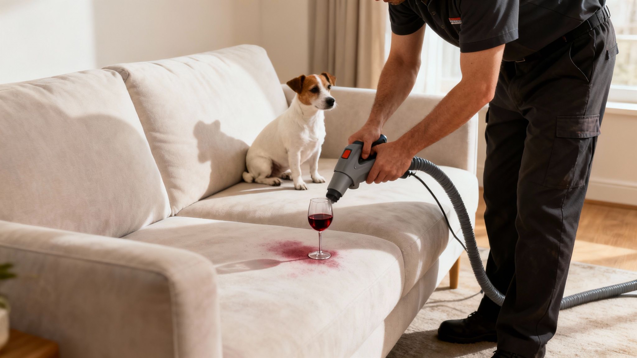 A happy dog resting on a clean, professionally maintained sofa.