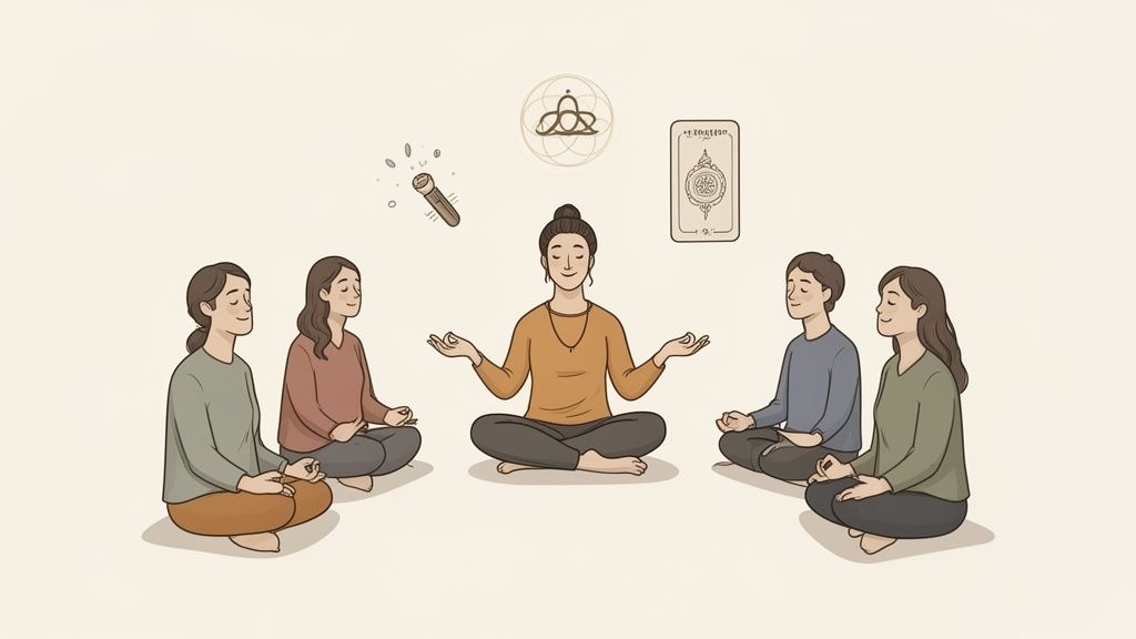 A group of people meditating in a circle, guided by a central figure, with spiritual icons.
