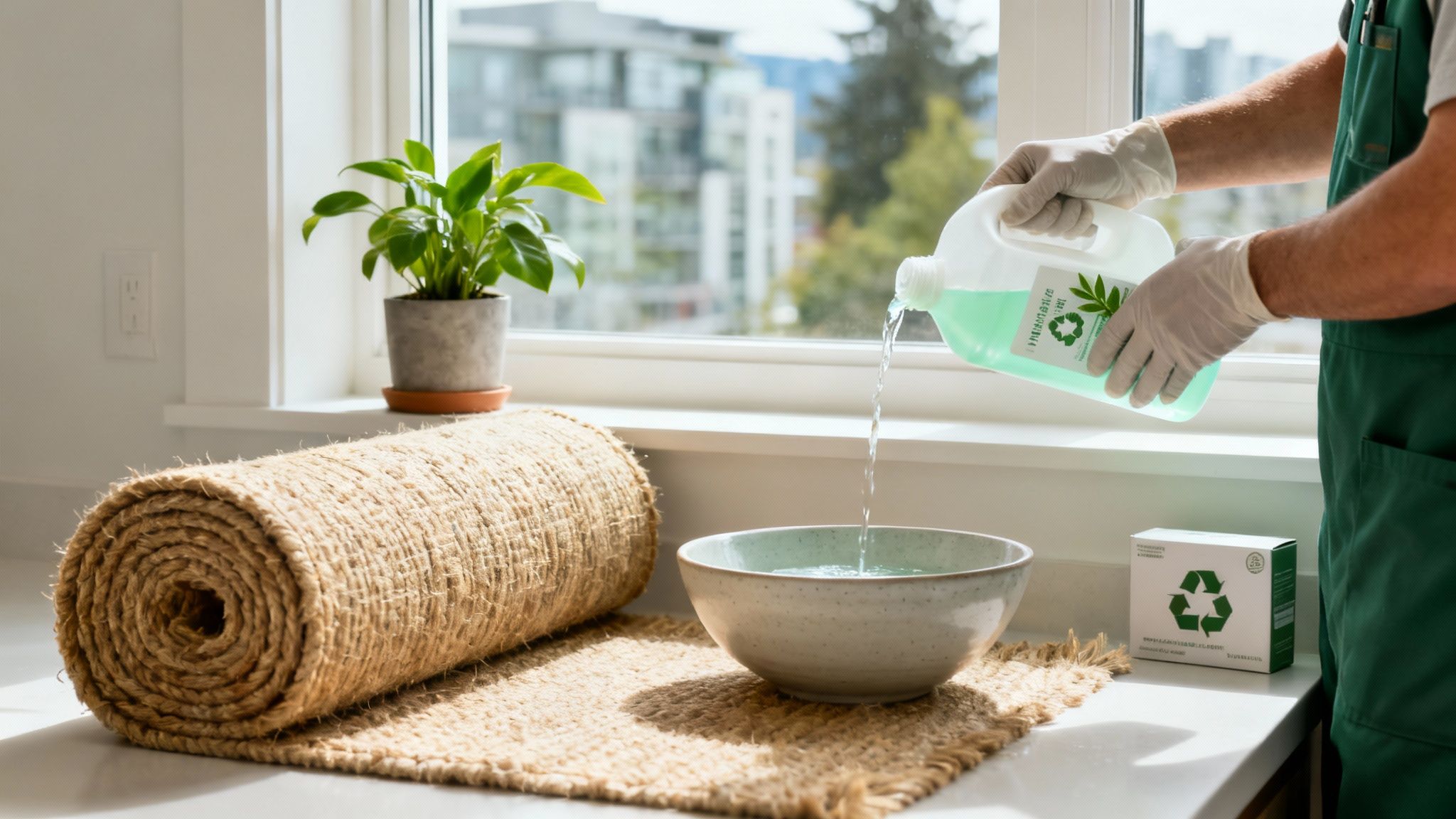 Person in gloves pours green eco-friendly liquid into a bowl, next to a rolled jute rug.
