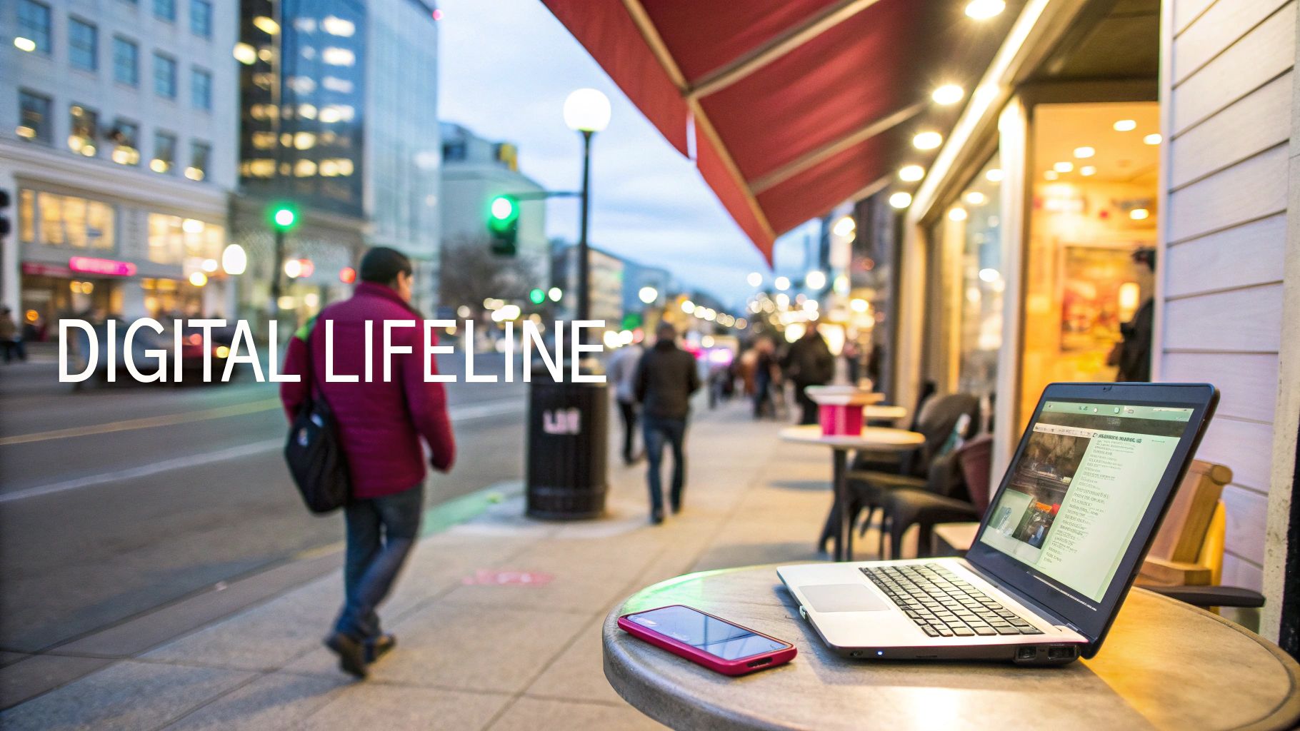 A bustling street in Vancouver with a mix of shops and restaurants, representing local businesses.