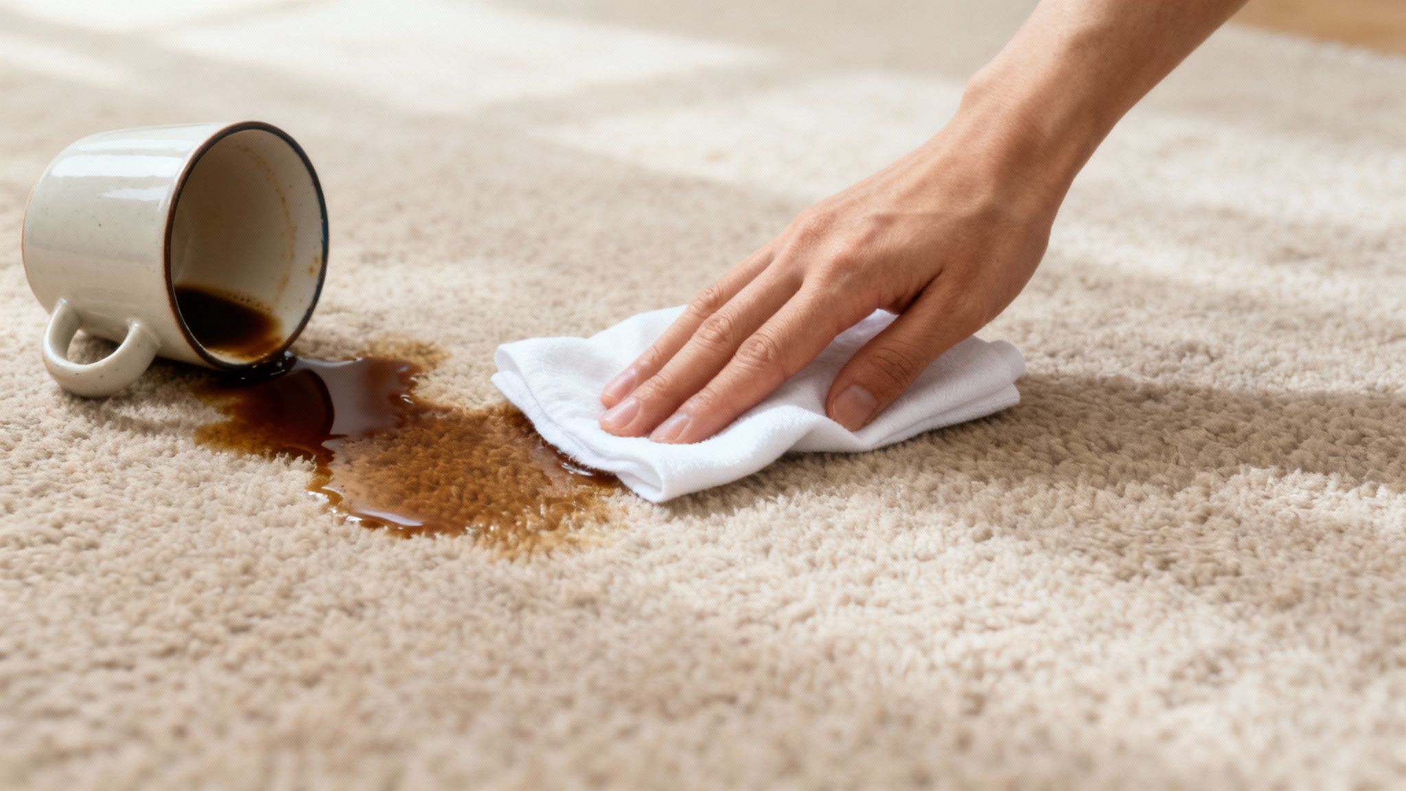 Bottles of homemade cleaning solutions next to a coffee stain on a carpet