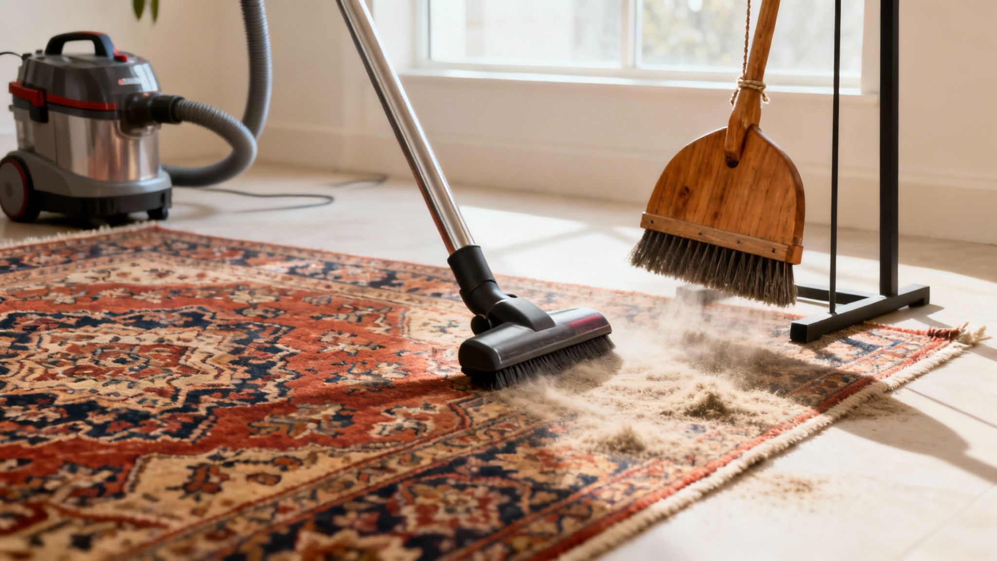 Close-up of a high-quality rug pad placed under a Persian rug on a hardwood floor.