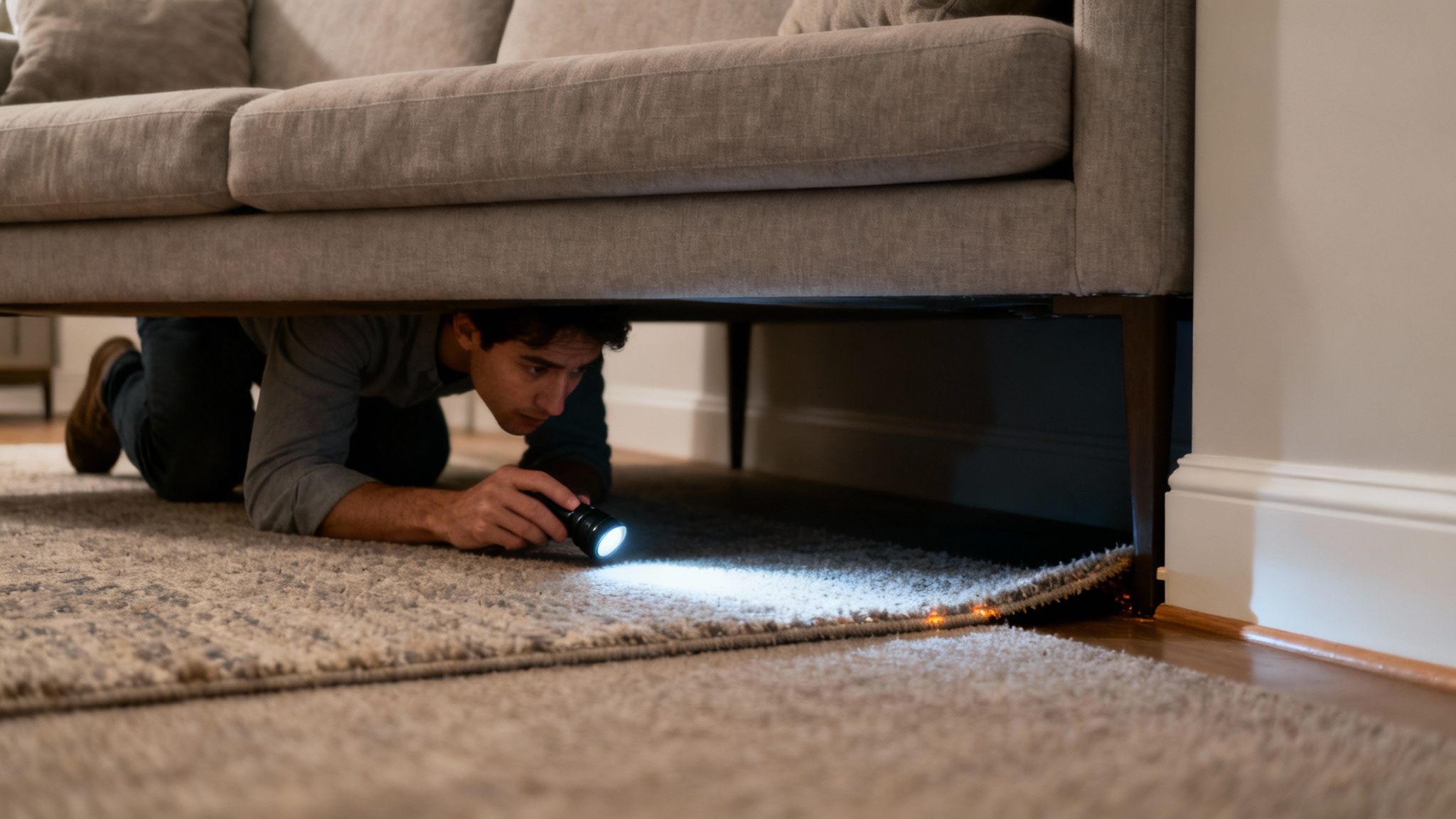 A person using a flashlight to inspect the carpet underneath a heavy wooden bookcase, looking for signs of moth larvae.