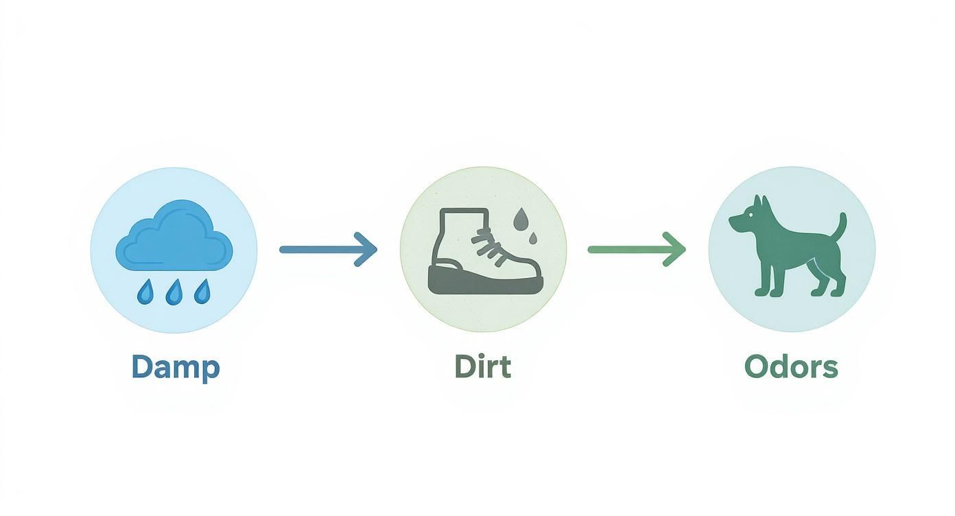 Diagram illustrating a progression: dampness from rain leads to dirt on a boot, which causes odors symbolized by a dog.