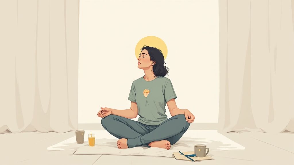 A serene woman meditates cross-legged on a mat, with drinks and notes nearby, in a peaceful room.