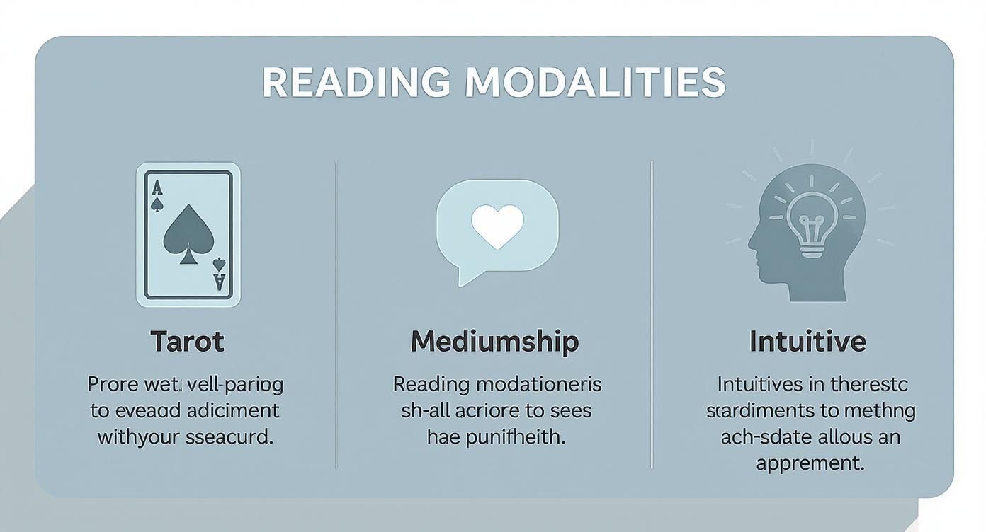 Infographic comparing Tarot, Mediumship, and Intuitive readings with icons for each.