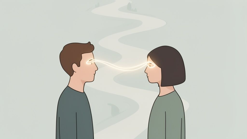 Illustration of a man and a woman connected by glowing lines between their eyes, symbolizing a deep connection.