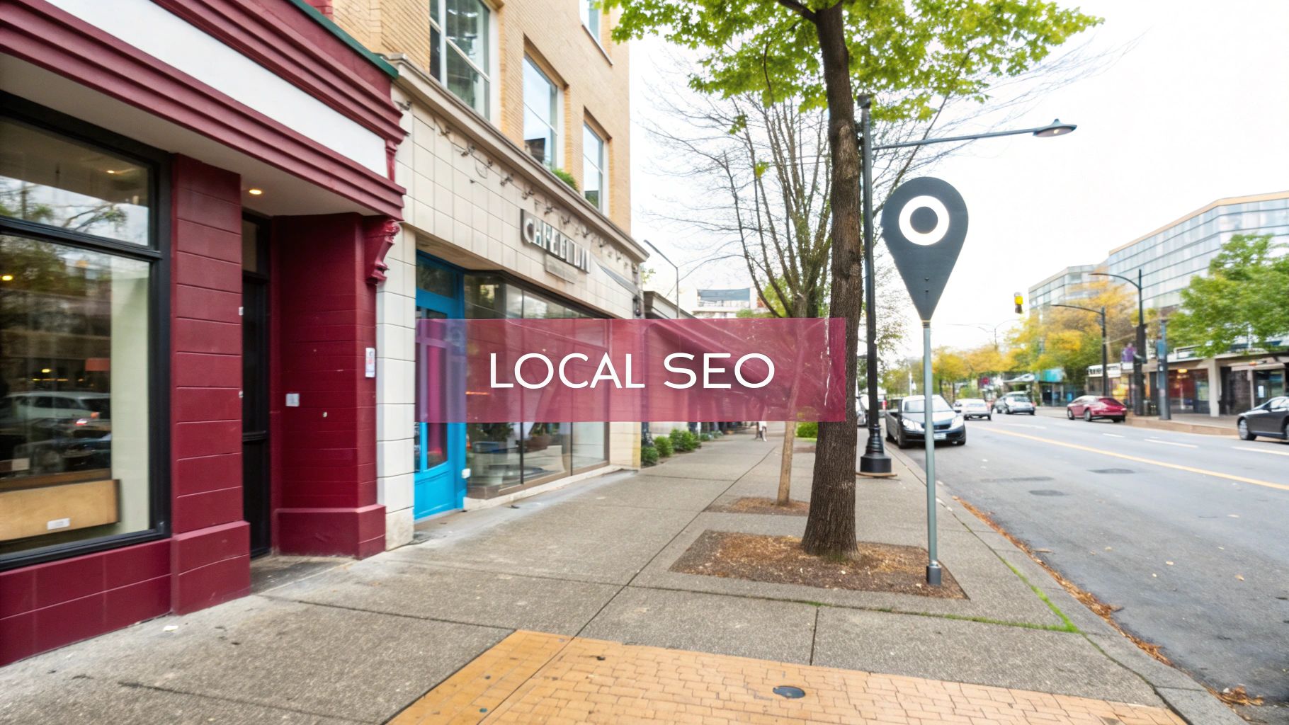 A vibrant street scene with storefronts and a sidewalk, featuring a 'LOCAL SEO' overlay and a large location pin sign.