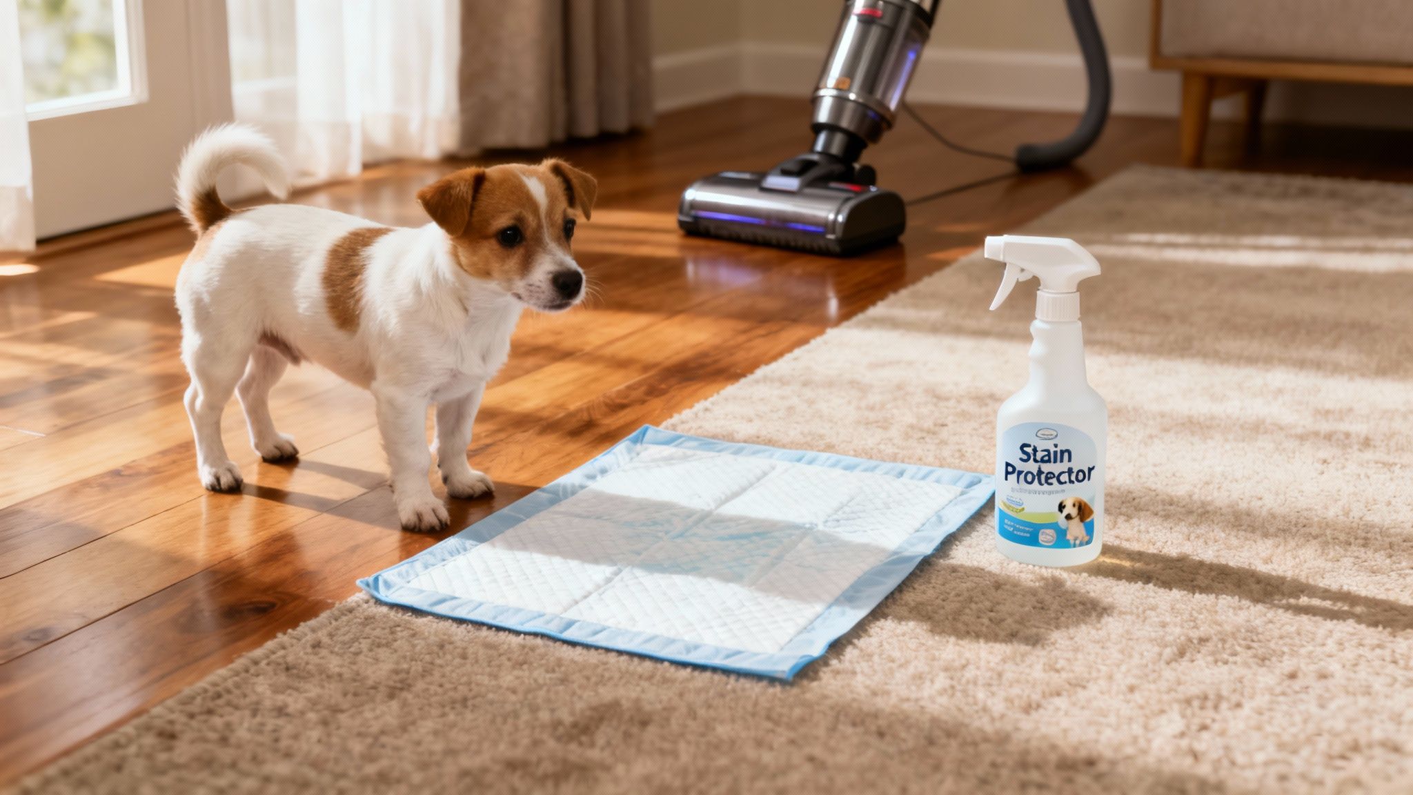 A happy dog and cat lying peacefully together on a clean, light-coloured carpet in a well-lit living room.