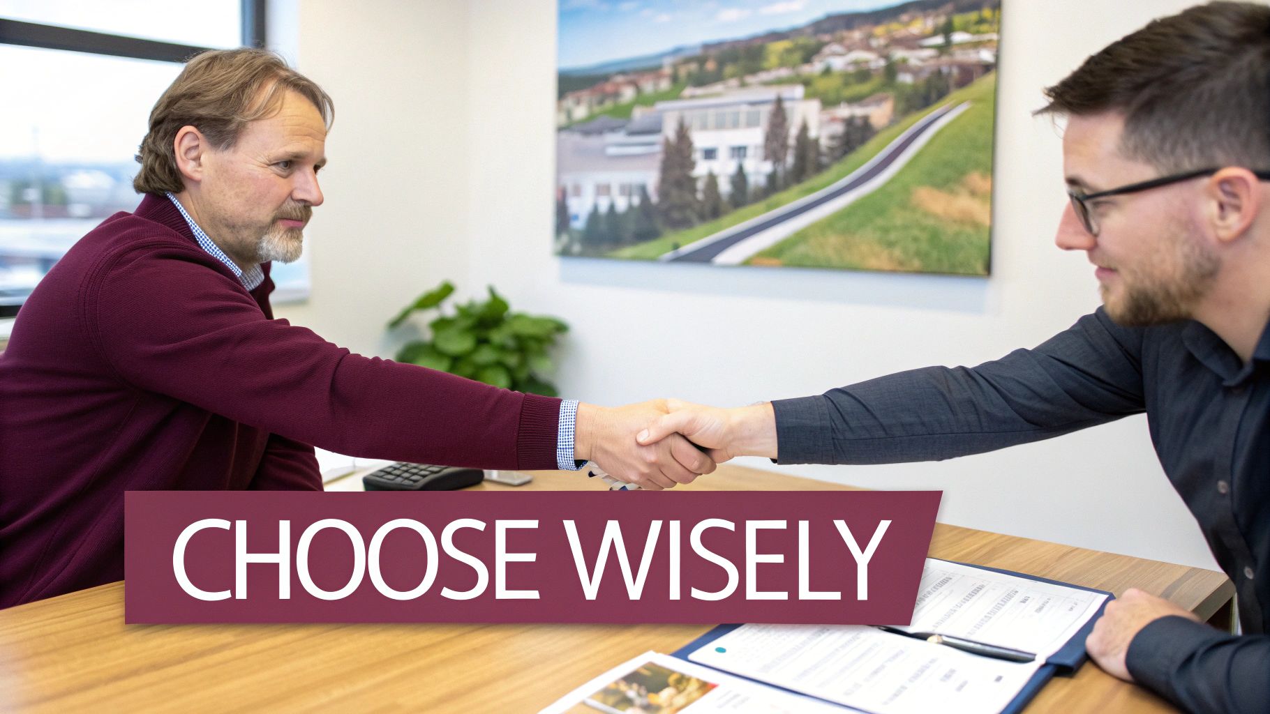 Two professional men shaking hands across a wooden desk in an office setting.