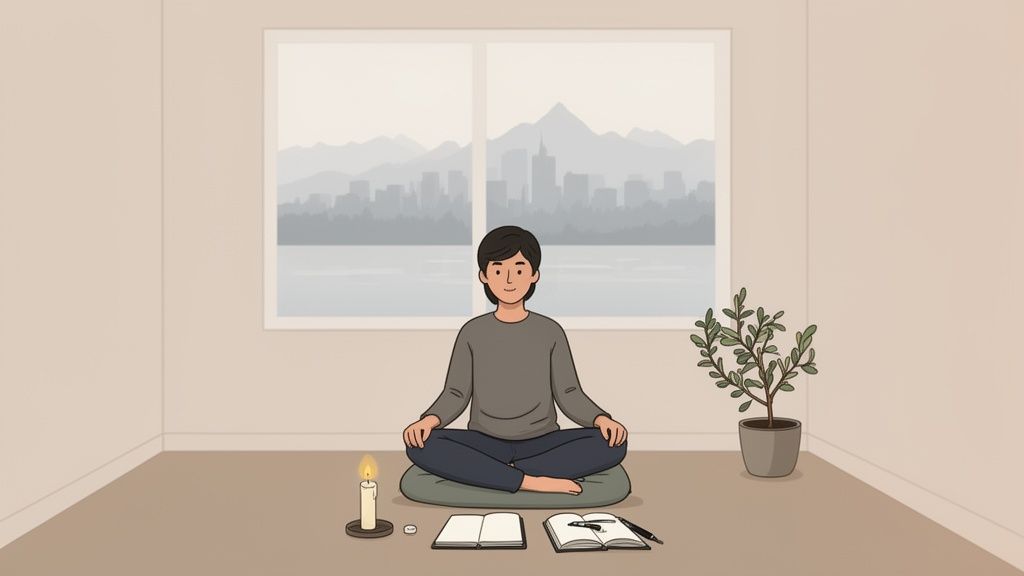A person meditates on a cushion in a minimalist room with a city view, candle, notebooks, and a plant.