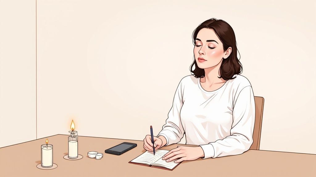 A woman meditating in a calm, light-filled room, preparing for a spiritual session