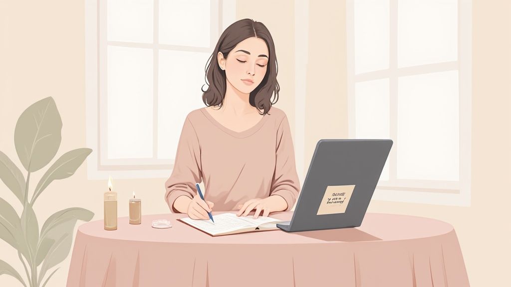 A calm person meditating with a journal and pen nearby, symbolizing mental and spiritual preparation for an intuitive reading.