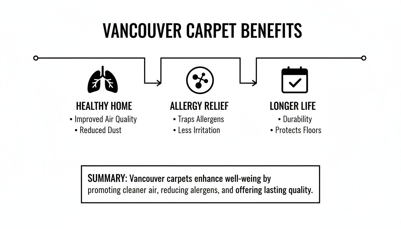 Infographic outlining Vancouver carpet benefits: healthy home, allergy relief, and longer life, with a summary.