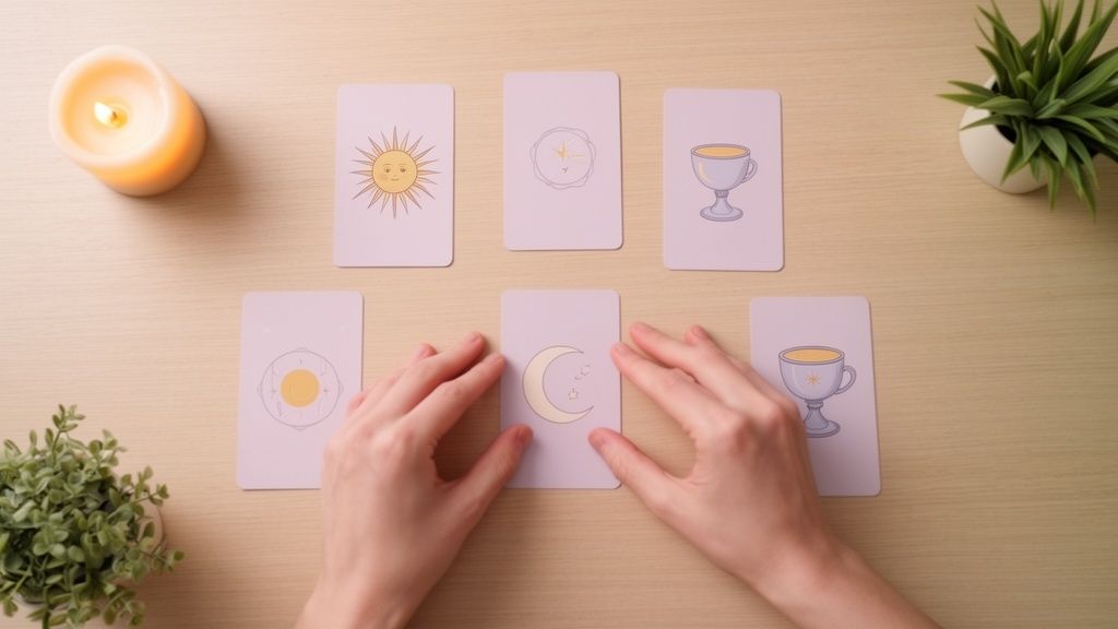 Hands arranging mystical tarot cards with sun and moon designs on a light wooden table with a lit candle.