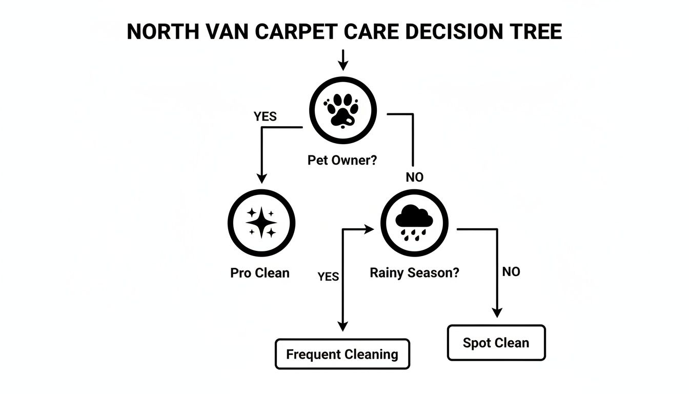 Decision tree flowchart for North Van carpet care, guiding choices based on pet ownership and rainy season.