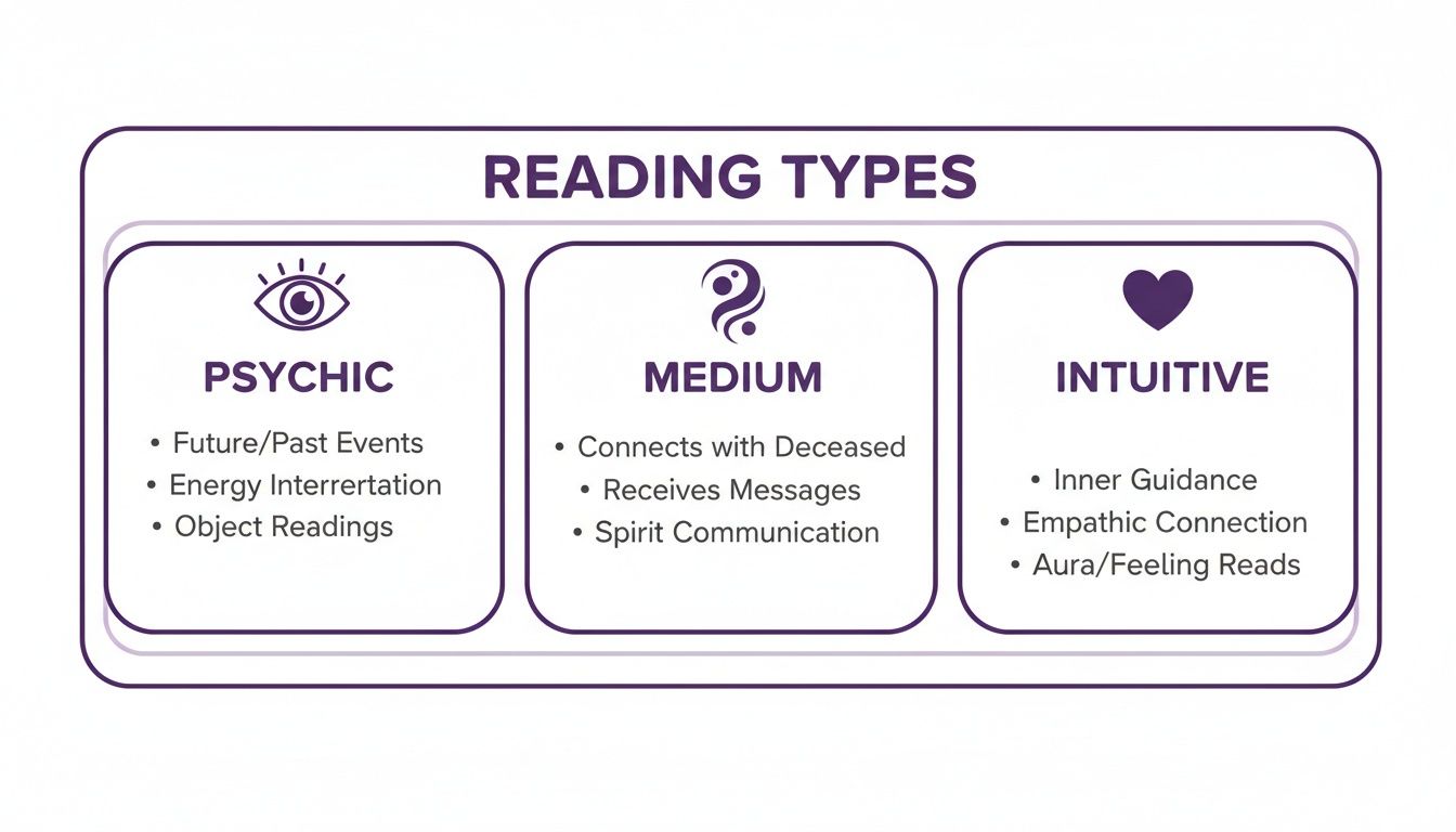 An infographic detailing three types of readings: Psychic, Medium, and Intuitive, with descriptions.