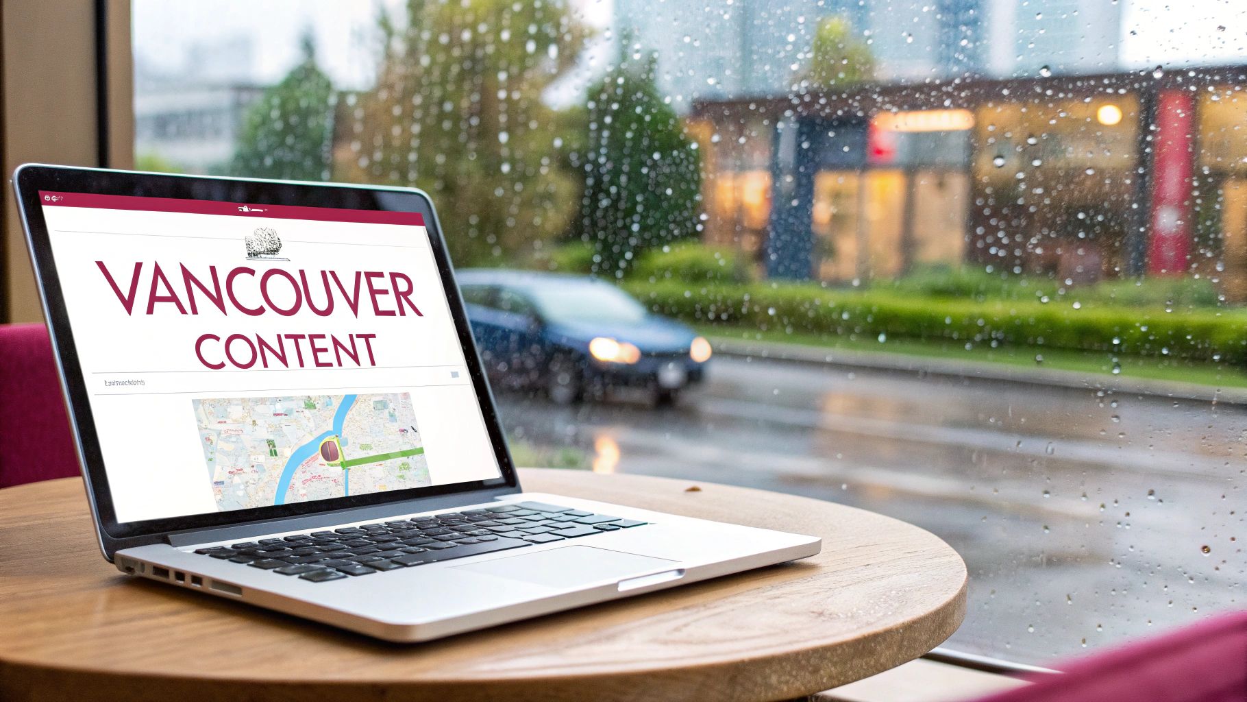 Laptop displaying 'Vancouver Content' and a map, seen through a rain-streaked window overlooking a city street.