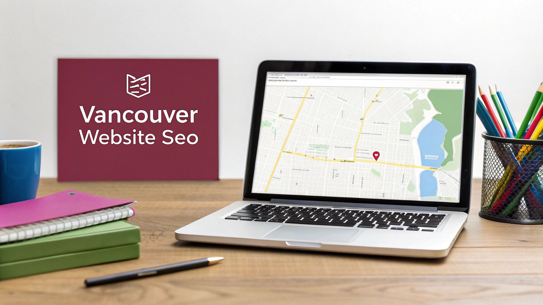Desk setup with a laptop showing a map, a 'Vancouver Website SEO' sign, and office supplies.