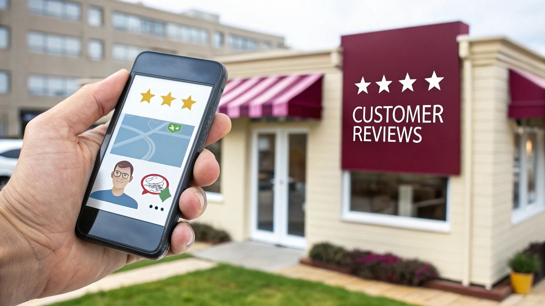 Hand holding a smartphone displaying customer reviews and a map, with a store sign showing 'CUSTOMER REVIEWS' and stars.