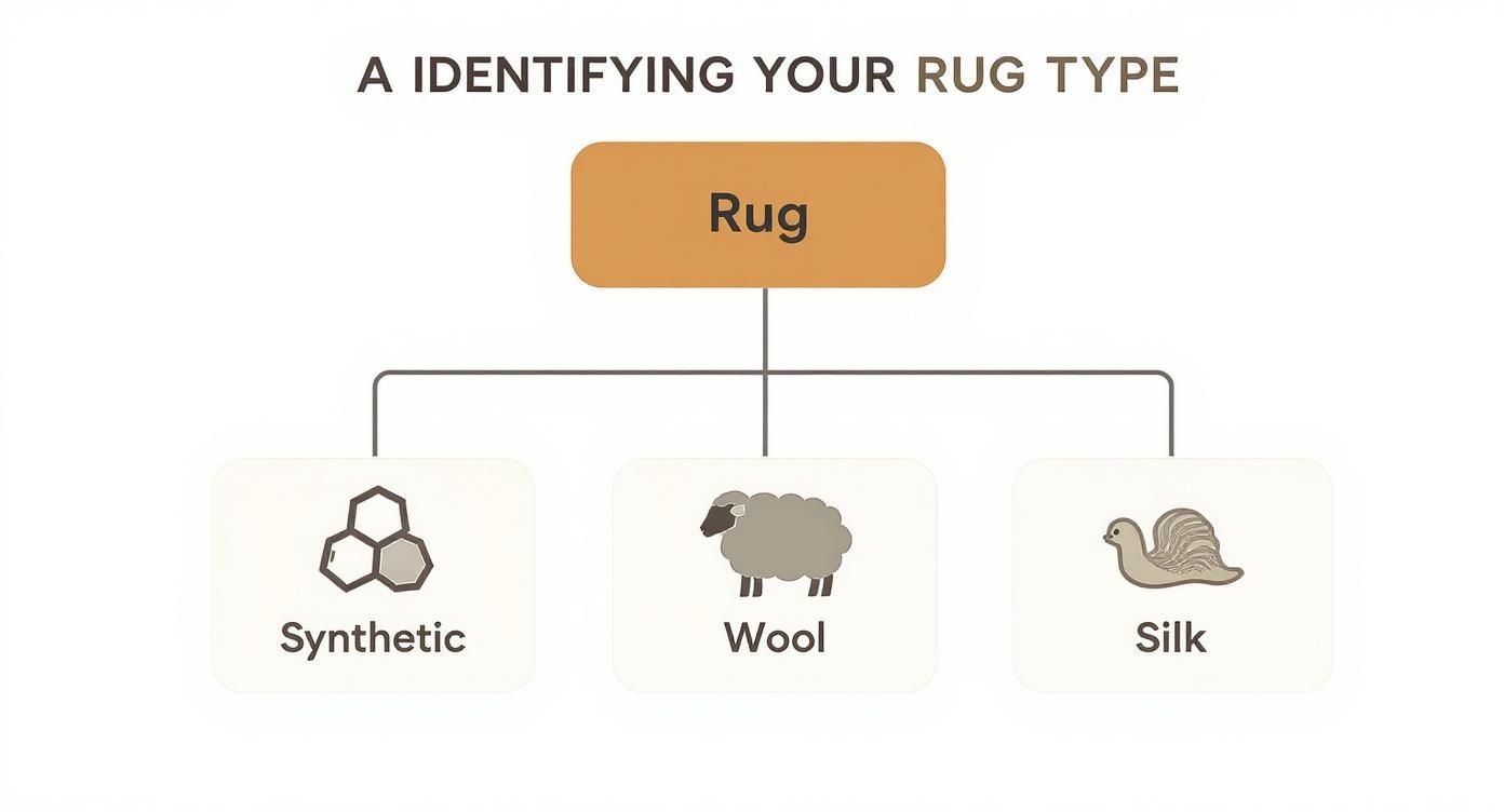 Diagram showing three main rug types: synthetic, wool, and silk with corresponding icons