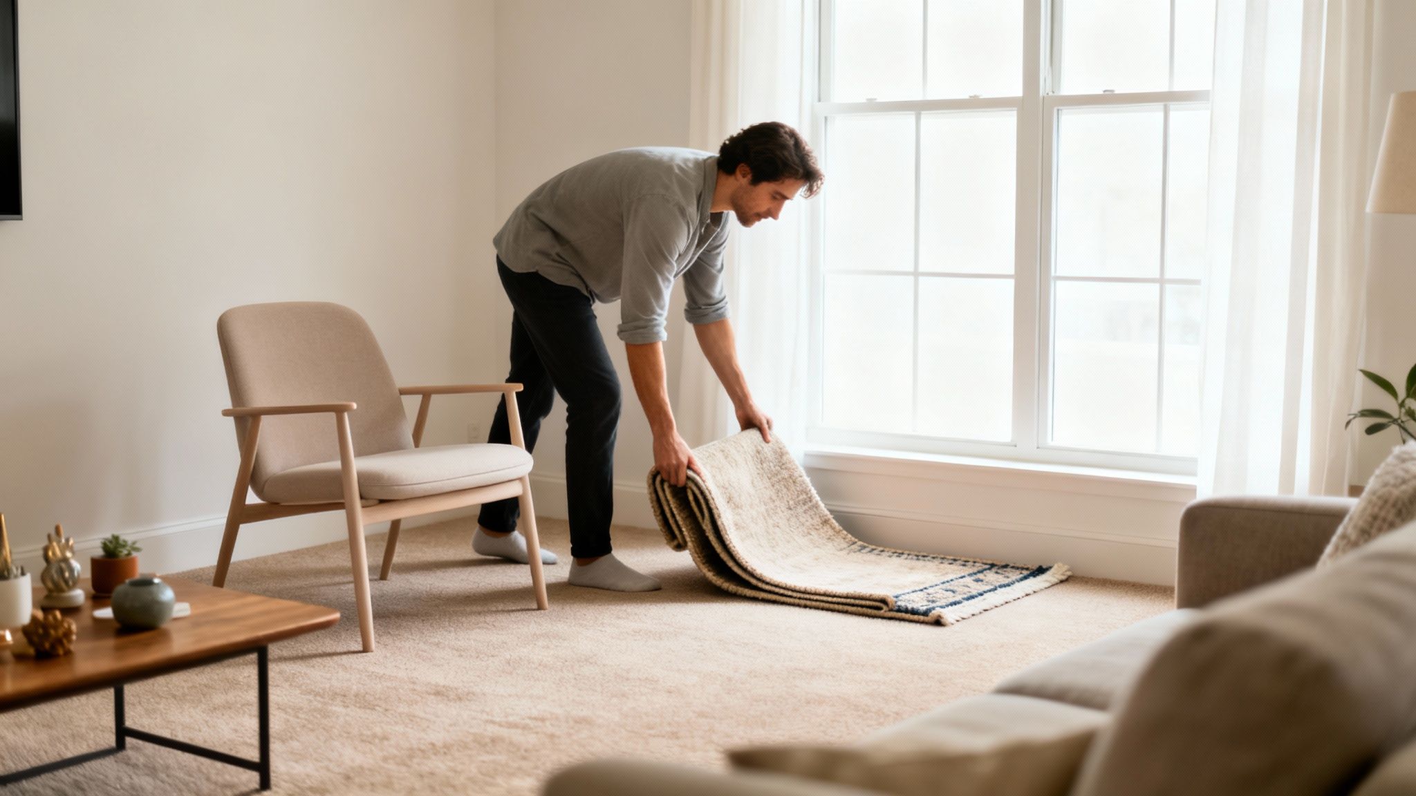 A man unrolls a textured rug on a beige carpet in a bright, minimalist living room.