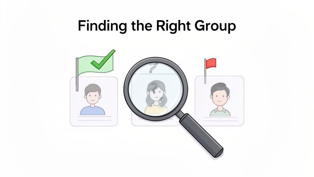 Finding the Right Group: a magnifying glass searches for a person among approved and disapproved options.