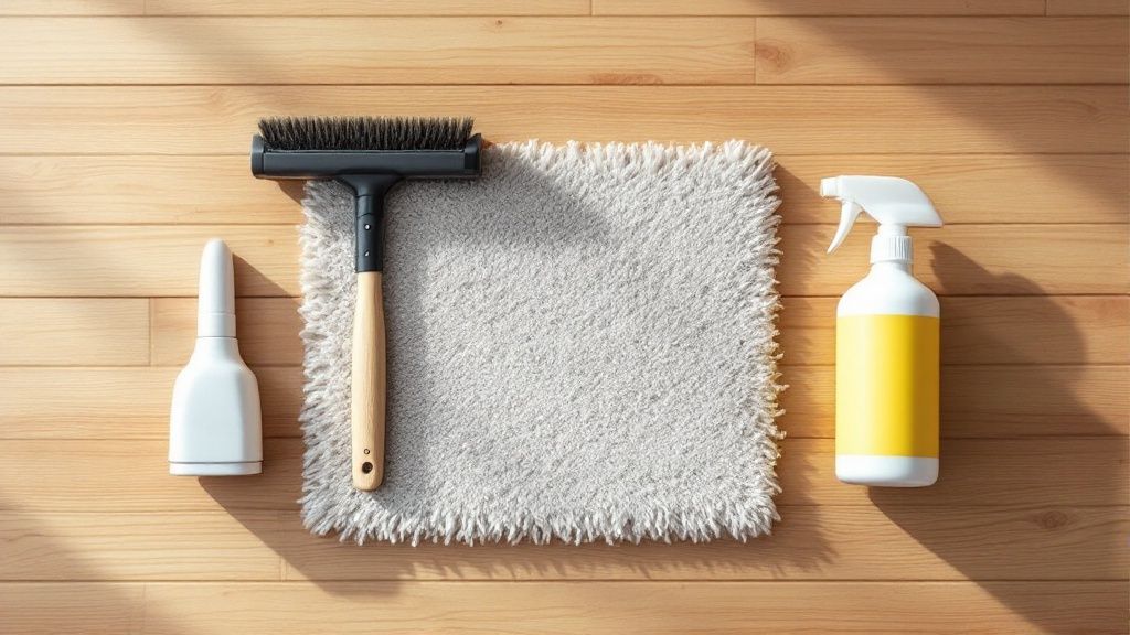 A person rolls up a patterned area rug on a hardwood floor in preparation for cleaning.