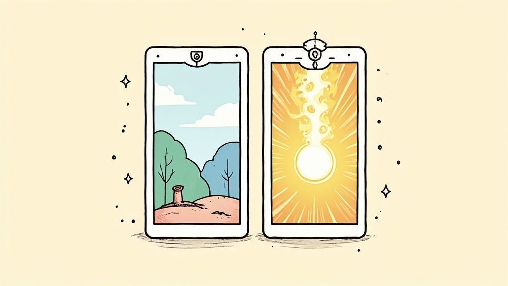 A mystical scene with glowing cards floating between two hands, symbolizing the transfer of transfer of intuitive energy.