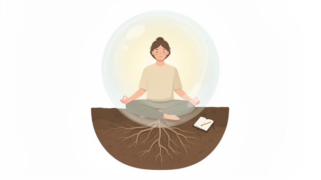Person meditating with roots into the earth, surrounded by light, next to a notebook.