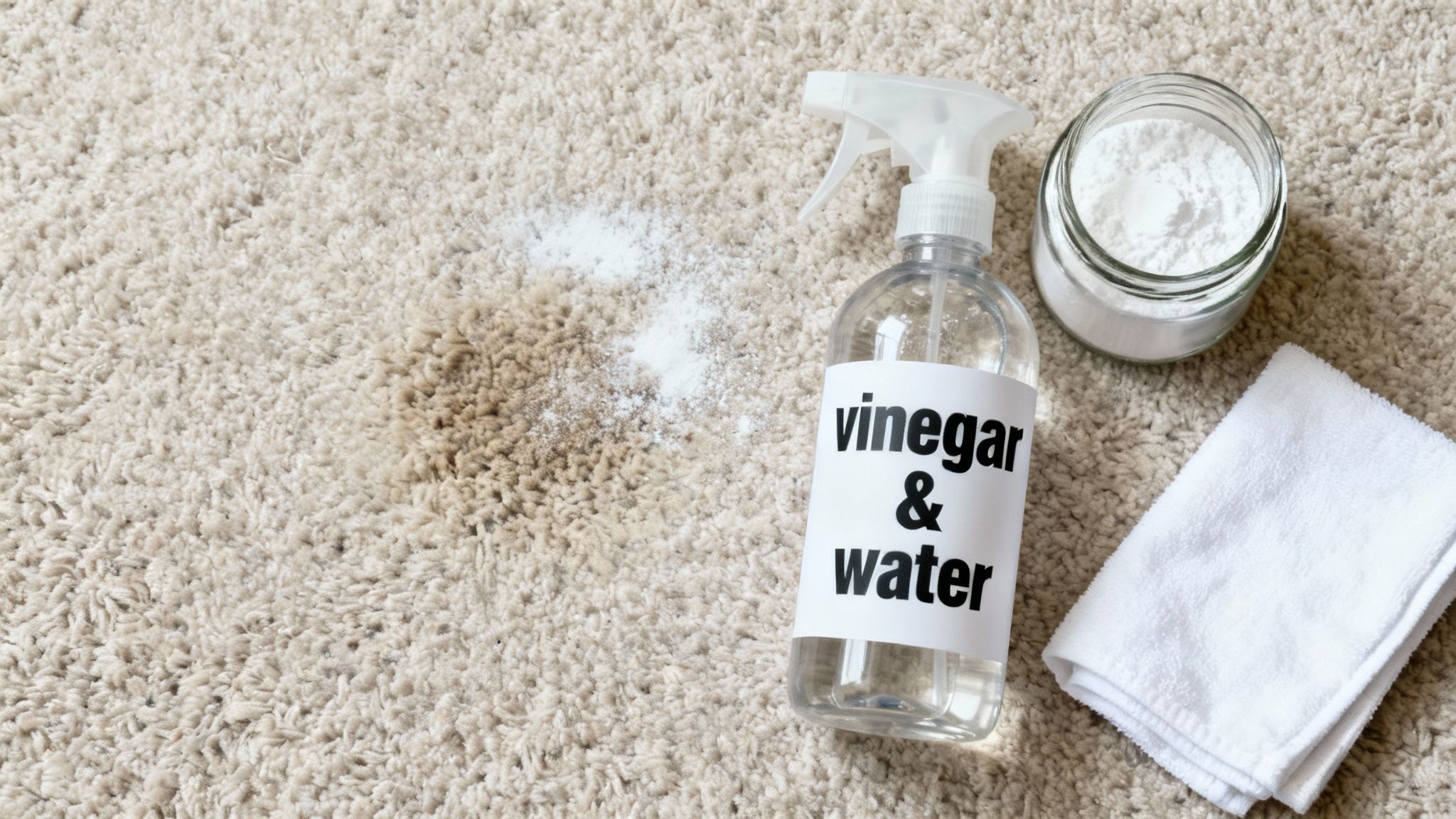 A person sprinkling baking soda onto a carpet to absorb odors.