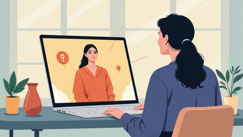 An illustrated woman takes an online video call on her laptop, featuring another woman on screen.