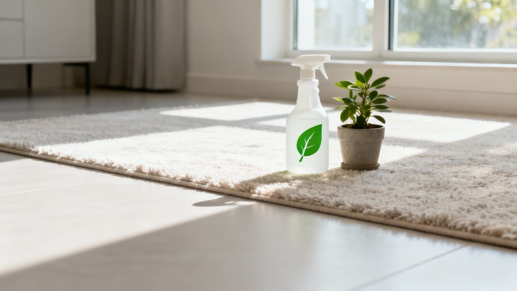 A close-up of a person holding a green leaf over a pristine carpet, symbolizing eco-friendly cleaning.