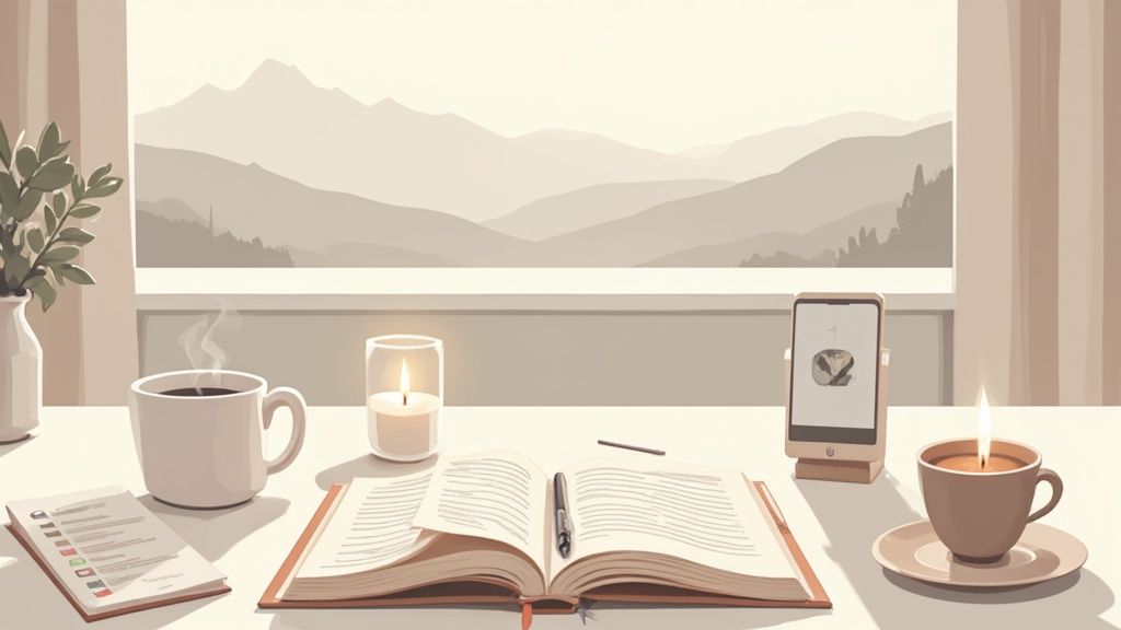 A minimalist desk by a window with mountain views, featuring coffee, candles, an open book, and a phone.
