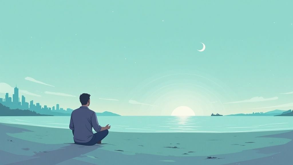 A serene Vancouver landscape with misty mountains and calm water, reflecting a journey of spiritual discovery.