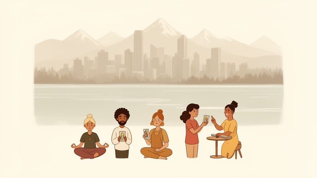 Diverse people meditate and read tarot cards in front of a Vancouver city and mountain landscape.