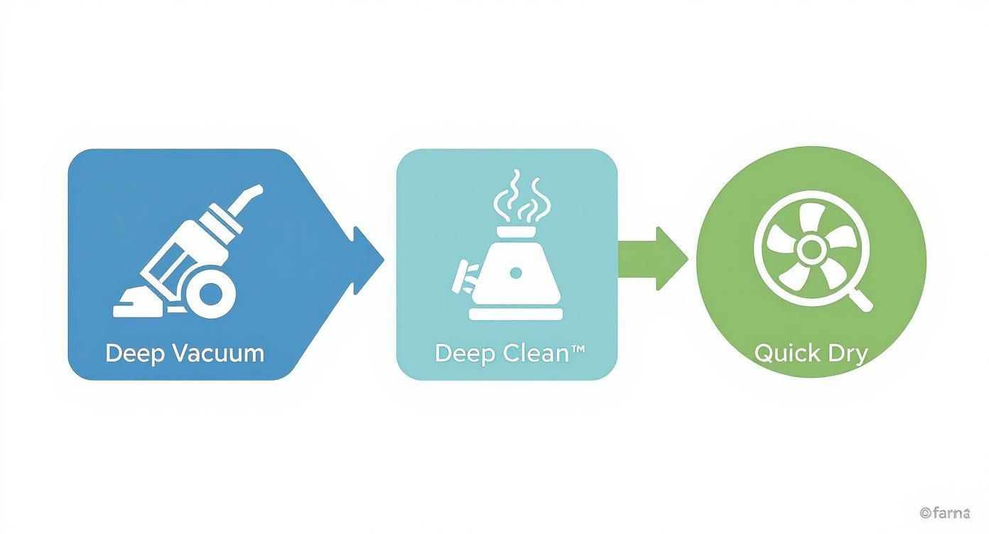 A three-step cleaning process diagram with icons: Deep Vacuum, Deep Clean, and Quick Dry.