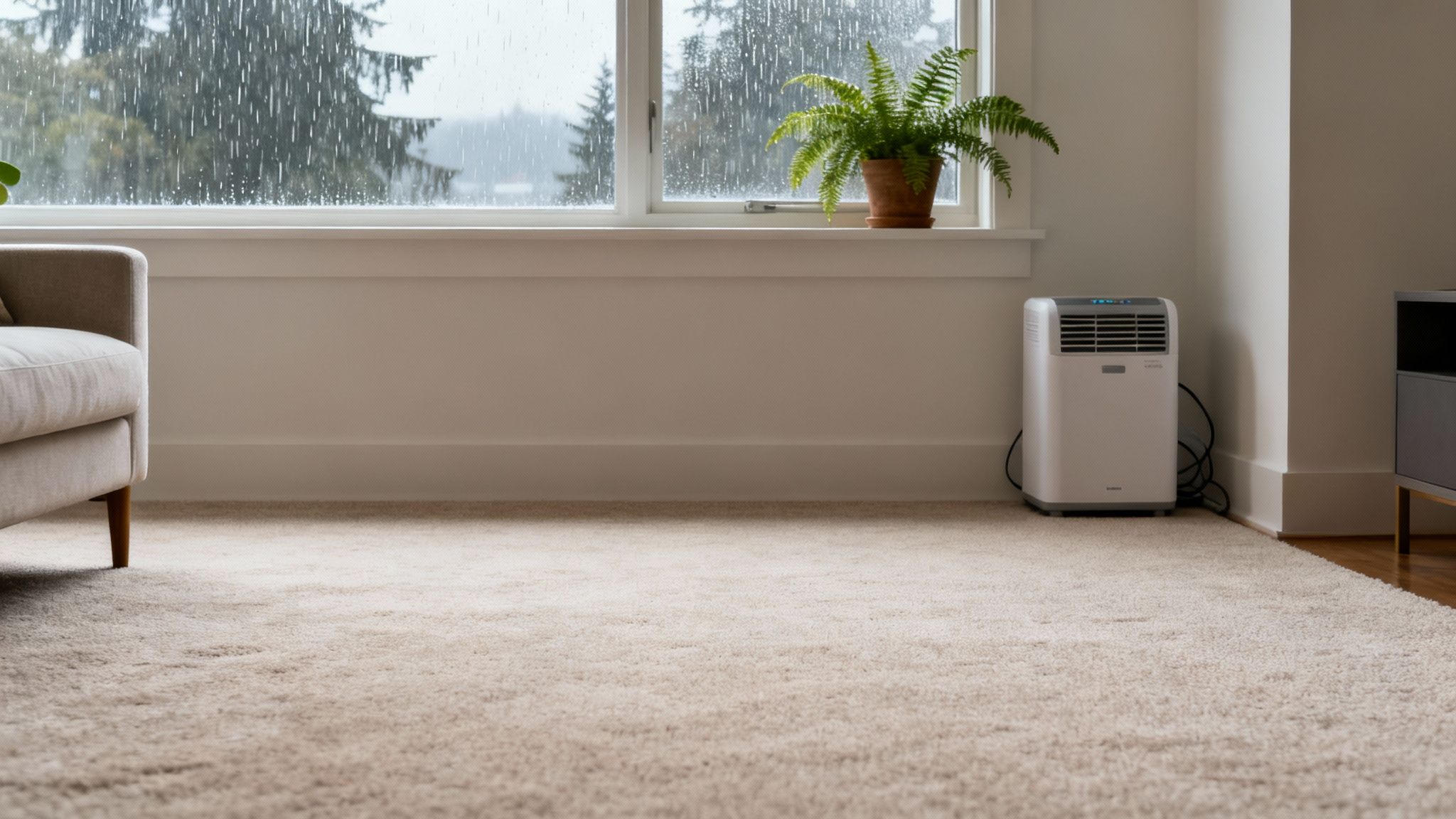 A professional technician cleaning a light-coloured carpet in a Vancouver home's living room.