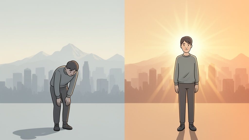 A split image shows a sad man in a gray, hazy city on the left and a happy man in a bright, sunny city on the right.