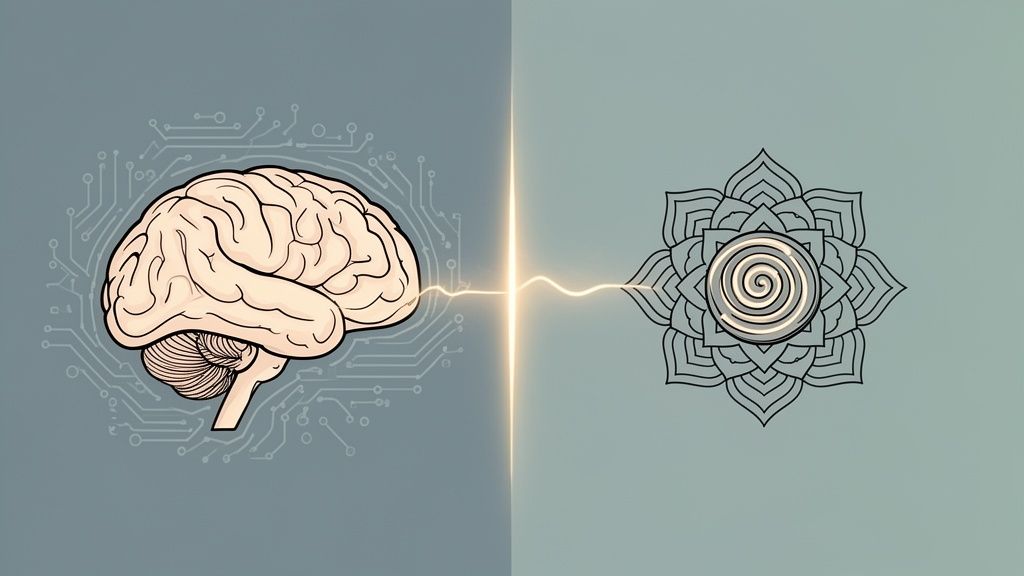 Illustration of a brain with circuit lines connected to a spiritual mandala by an energy flow.
