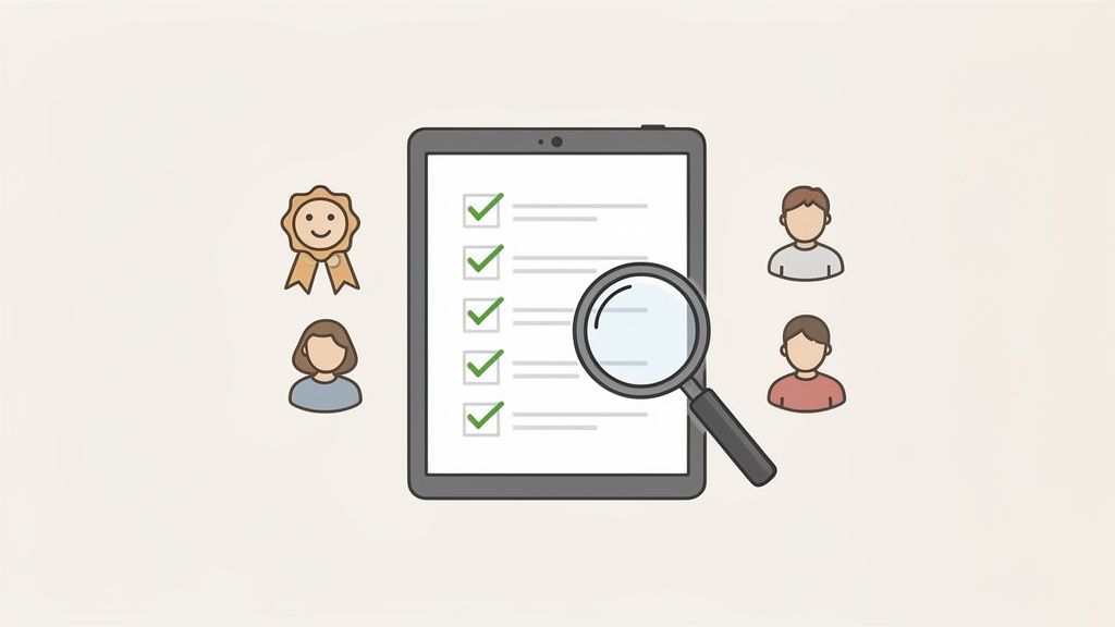 An illustration showing a tablet with a complete checklist, a magnifying glass, and diverse people icons, symbolizing evaluation.