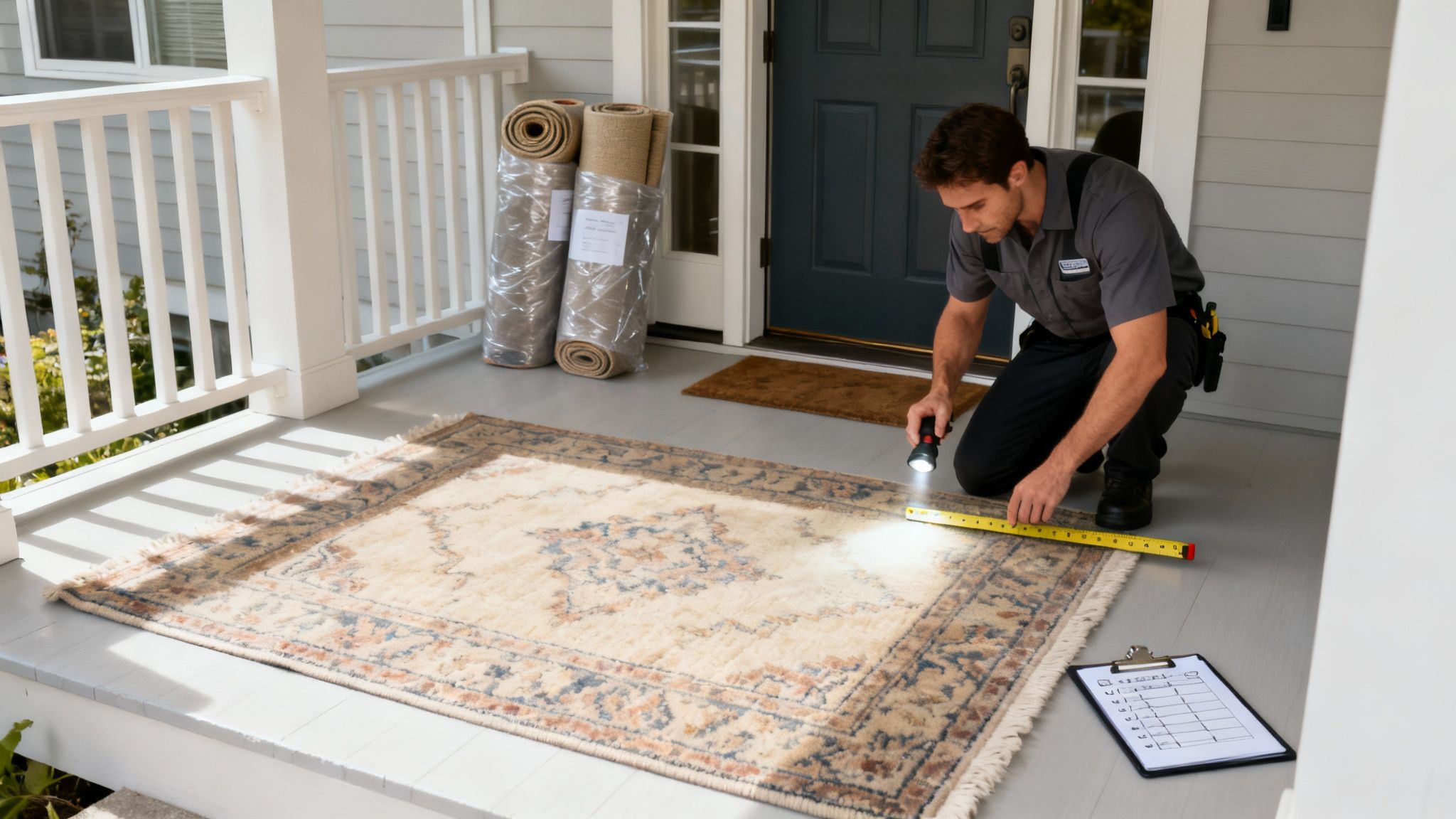 A technician carefully inspecting a large area rug before cleaning.