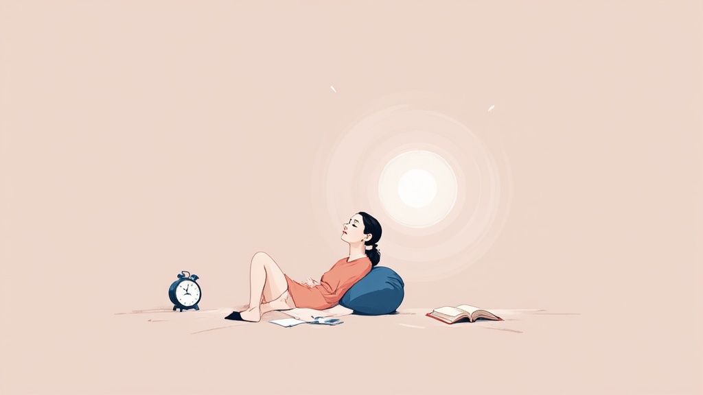 A woman relaxing on a blue pillow with closed eyes, near an alarm clock and book.