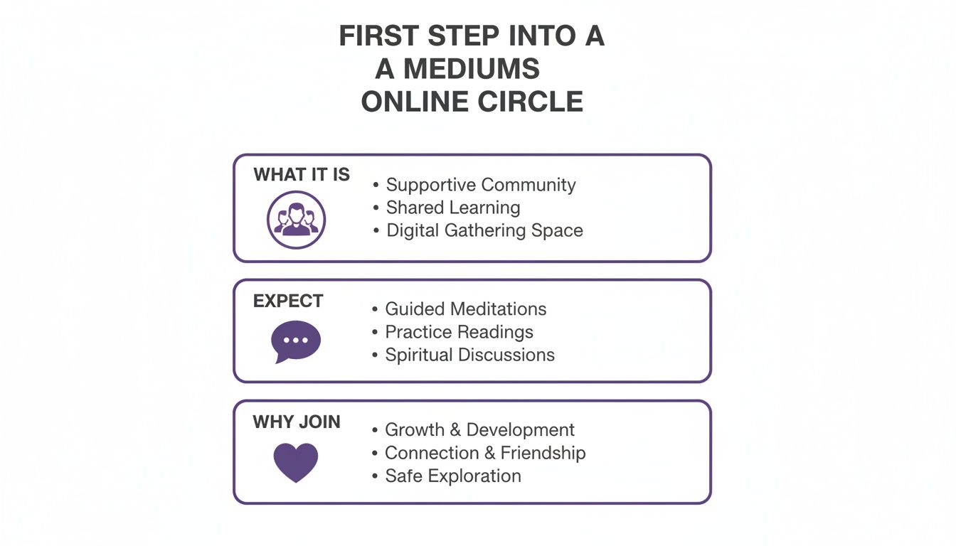 Infographic outlining what a mediums online circle is, what to expect, and why to join.