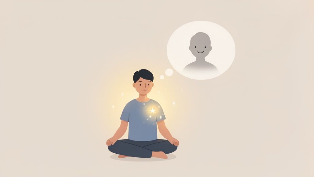 Illustration of a person meditating with inner light, thinking about a smiling friend.