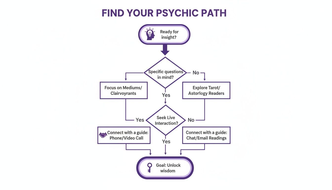 Flowchart guiding users to find their psychic path based on questions and interaction preference.