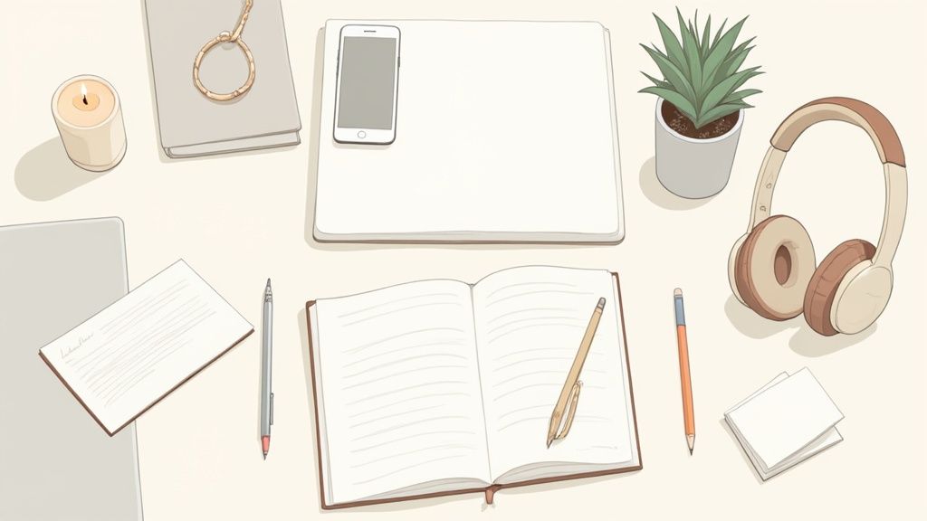 A cozy, minimalist flat lay of a desk with notebooks, stationery, a phone, headphones, and a plant.